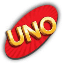 a red uno card with gold letters on a white background