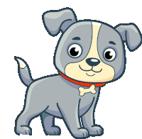 a cartoon drawing of a puppy with a red collar and a bone around its neck