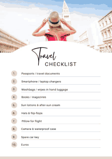 a travel checklist with a woman in a hat