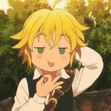 a young boy with yellow hair and green eyes is holding a sword and making a funny face .