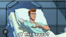 a cartoon character is laying in a hospital bed and asking , `` y mi brazo ? ''