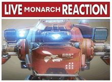a red robot with the words live monarch reaction written above it