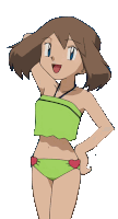 a cartoon girl wearing a green top and green bikini bottoms