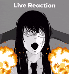a black and white drawing of a girl with a surprised look on her face and the words live reaction
