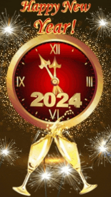 a happy new year greeting with a clock that says 2024