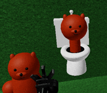 a red teddy bear standing next to a toilet