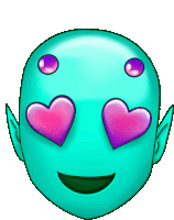 a cartoon drawing of an alien with hearts in its eyes