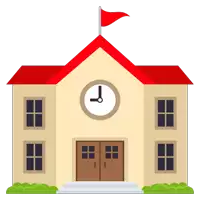 a school building with a clock and a red flag