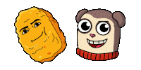 a cartoon chicken nugget and a cartoon monkey with big eyes