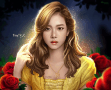 a woman in a yellow dress is surrounded by red roses and tinytruc art