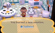 a video game screen shows a boy and a cat talking to each other .