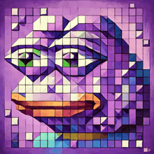a purple painting of a face with a green eye and a yellow mouth