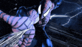a purple and blue spider-man with a lightning strike in the background