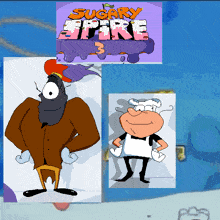 a cartoon character is standing next to a poster for sugary sprite