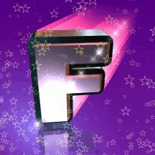 the letter f is surrounded by stars on a purple and pink background