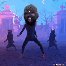 a person wearing a ski mask with a chanel logo on it stands in a cemetery surrounded by black cats