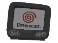 a cartoon drawing of a dreamcast computer with a swirl on the screen .