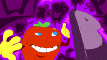 a cartoon drawing of a tomato giving a thumbs up in front of a purple background