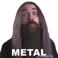 a man with long hair and a beard has the word metal above his head