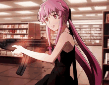 a girl with pink hair holding a gun in a library