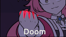 a drawing of a girl with the word doom on the bottom right