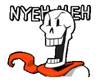 a cartoon drawing of a skeleton with a red scarf around his neck and the words nyeh eh .