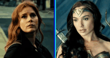 a woman with red hair is standing next to a woman in a wonder woman outfit