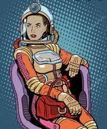 a woman in a space suit is sitting in a chair with a purse