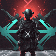 a futuristic soldier with an x on his shoulder