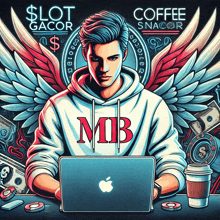 a man with wings is sitting in front of a laptop with the letter mb on his sweatshirt