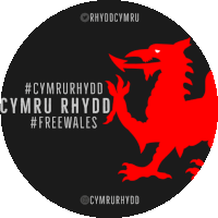 a black circle with a red dragon and the words # cymrurhydd cymru rhydd #freewales on it