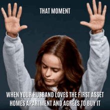 a woman with her hands in the air with the caption that moment