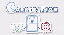 a cartoon drawing of a refrigerator and an apple with the letter c cut out