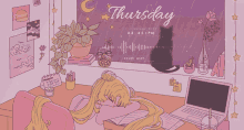 a drawing of a girl sleeping at a desk with the date thursday on it