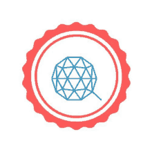 a red and white circle with a blue geometric object in it .