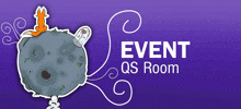 a purple background with the words event qs room in white letters