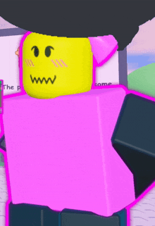 a cartoon character with a yellow face and a pink shirt is standing in front of a sign that says " the p "