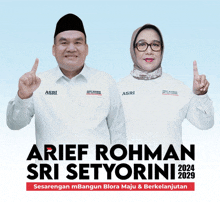 a man and a woman are standing next to each other and they are wearing white shirts that say asri