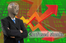 a man in a suit and tie is standing with his arms crossed in front of a stock chart and the words confused stonks below him