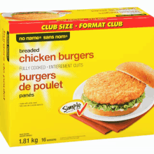 a box of breaded chicken burgers with a sandwich on a plate