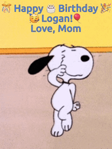 a cartoon of snoopy dancing with the words happy birthday logan love mom