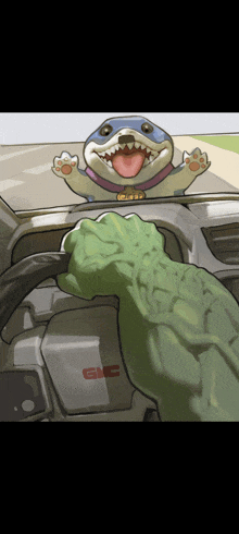 a cartoon drawing of a dog and a lizard in a gmc truck