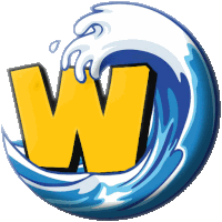 a yellow letter w is in the middle of a wave