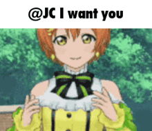 a picture of a girl with the words " @jc i want you " on top
