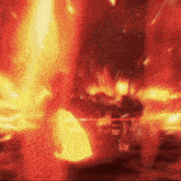 a painting of a person surrounded by fire with a red light coming out of it