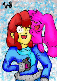 a drawing of a girl with red hair and a pink cat with the letters v8 on the bottom right