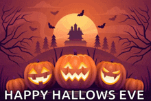 a happy hallows eve greeting with pumpkins and bats