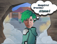 a cartoon of a woman with green hair and a speech bubble that says respira breathe atmen