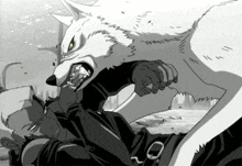 a black and white drawing of a wolf biting a man