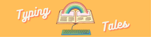 an open book with a rainbow coming out of it and the words typing tales